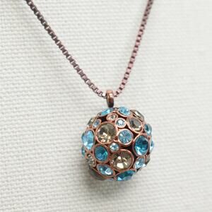 Fossil copper box chain necklace w/ sparkly blue rhinestone ball cluster pendant
